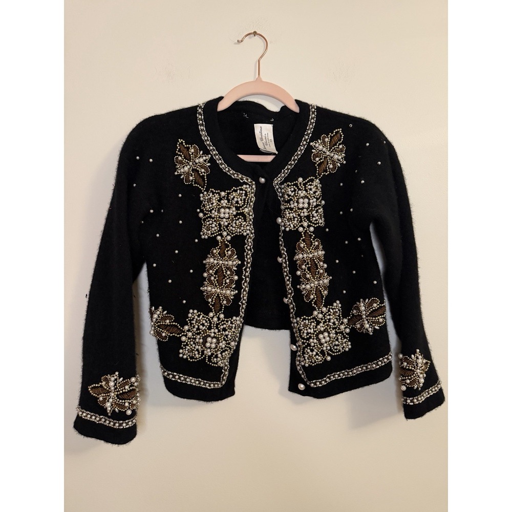Vintage Marisa Christina Classics Beaded Cardigan Sweater Med Wool Angora Black